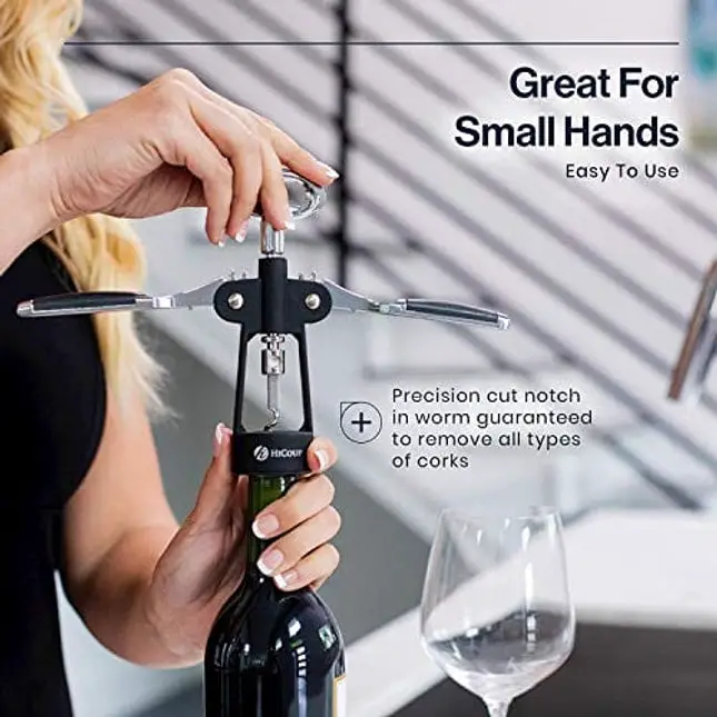 HiCoup Wine Corkscrew & Bottle Opener - Easy To Use, All-In-One Beer And Wine Bottle Openers w/ Stopper - Wing Cork Screw Grip (Chrome And Matte Black)