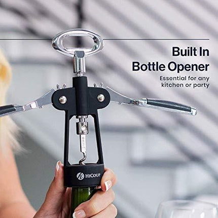 HiCoup Wine Corkscrew & Bottle Opener - Easy To Use, All-In-One Beer And Wine Bottle Openers w/ Stopper - Wing Cork Screw Grip (Chrome And Matte Black)
