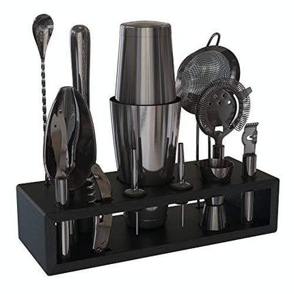 Highball & Chaser Gun Metal Black Plated Premium Bartender Kit with Espresso Bamboo Stand Boston Shaker Cocktail Shaker Set with Stainless Steel Bar Tools