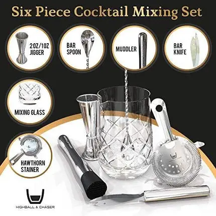 Cocktail Mixing Glass 6 piece Cocktail Set Large 25 ounce Mixing Glass with Hand Carved Diamond Cut Muddler Jigger Mixing spoon Hawthorn Strainer and Bar Knife Bar Tools are Shiny Stainless Steel