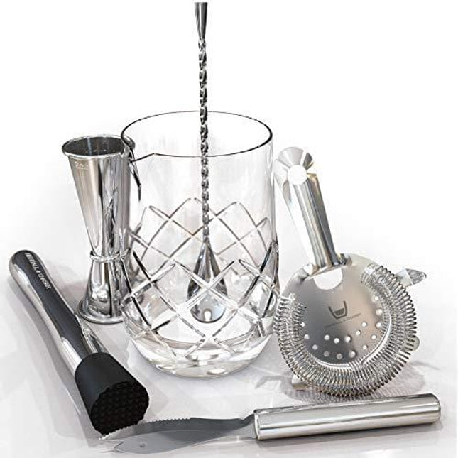 Cocktail Mixing Glass 6 piece Cocktail Set Large 25 ounce Mixing Glass with Hand Carved Diamond Cut Muddler Jigger Mixing spoon Hawthorn Strainer and Bar Knife Bar Tools are Shiny Stainless Steel