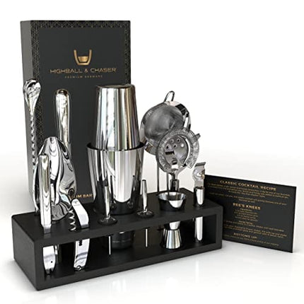 Highball & Chaser 13-Piece Boston Cocktail Shaker Set Stainless Steel Mixology Bartender Kit With Stand For Home Bar Cocktail Set | Laser Engraved Cocktail Tools | Plus E-Book with 30 Cocktail Recipes