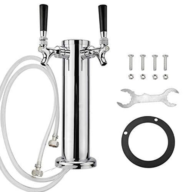 HighFree Polished Stainless Steel Tower Double Faucet Tap Tower Draft Beer Tower Double Faucet Dispenser 3 inch Diameter Draft Beer Tower