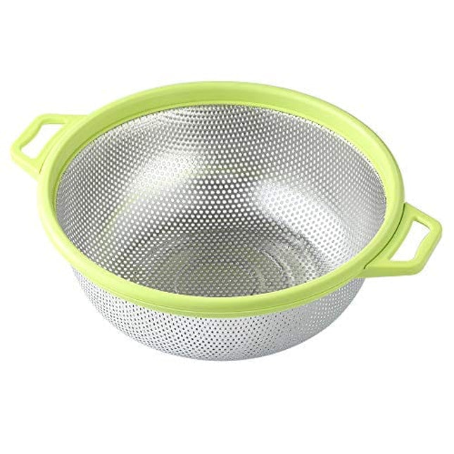 HiramWare Stainless Steel Colander With Handle and Legs, Large Metal Green Strainer for Pasta, Spaghetti, Berry, Veggies, Fruits, Noodles, Salads, 5-quart 10.5” Kitchen Mesh Colander, Dishwasher Safe