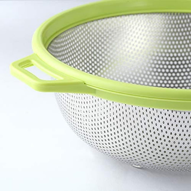 HiramWare Stainless Steel Colander With Handle and Legs, Large Metal Green Strainer for Pasta, Spaghetti, Berry, Veggies, Fruits, Noodles, Salads, 5-quart 10.5” Kitchen Mesh Colander, Dishwasher Safe