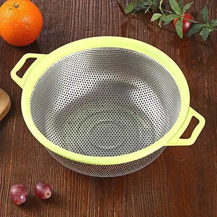 HiramWare Stainless Steel Colander With Handle and Legs, Large Metal Green Strainer for Pasta, Spaghetti, Berry, Veggies, Fruits, Noodles, Salads, 5-quart 10.5” Kitchen Mesh Colander, Dishwasher Safe