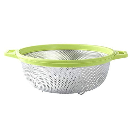 HiramWare Stainless Steel Colander With Handle and Legs, Large Metal Green Strainer for Pasta, Spaghetti, Berry, Veggies, Fruits, Noodles, Salads, 5-quart 10.5” Kitchen Mesh Colander, Dishwasher Safe