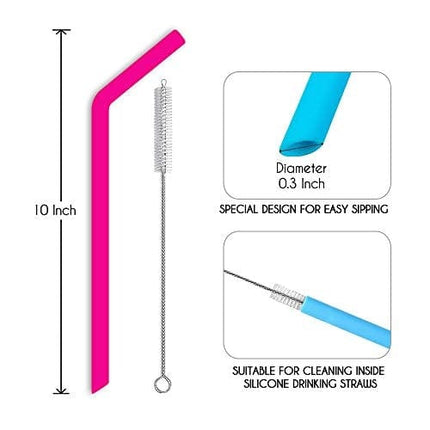 Hiware Reusable Silicone Straws, Long Flexible Silicone Drinking Straws with Cleaning Brushes for 30 oz Tumblers RTIC/Yeti - 10 Pieces - BPA-Free - No Rubber Taste