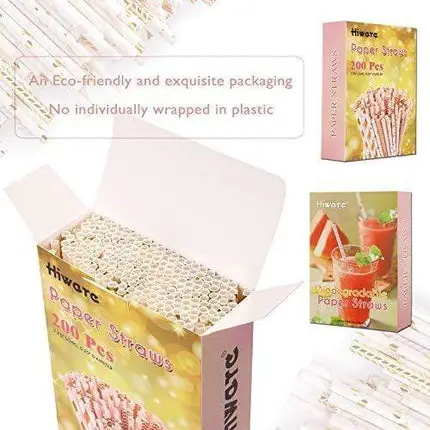 Hiware 200-Pack Pink/Gold Party Paper Straws - 8 Different Patterns Pink Straws/Gold Straws for Party, Birthday, Wedding, Bridal Shower, Baby Shower Supplies and Decorations