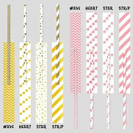 Hiware 200-Pack Pink/Gold Party Paper Straws - 8 Different Patterns Pink Straws/Gold Straws for Party, Birthday, Wedding, Bridal Shower, Baby Shower Supplies and Decorations
