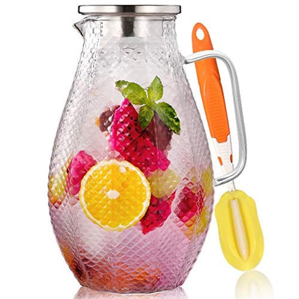 Large 75 Oz Glass Pitcher with 18/8 Stainless Steel Lid - Unique Squama Pattern - High Heat Resistance Water Pitcher for Hot/Cold Water & Iced Tea, 100% Lead-free and Drip-Free