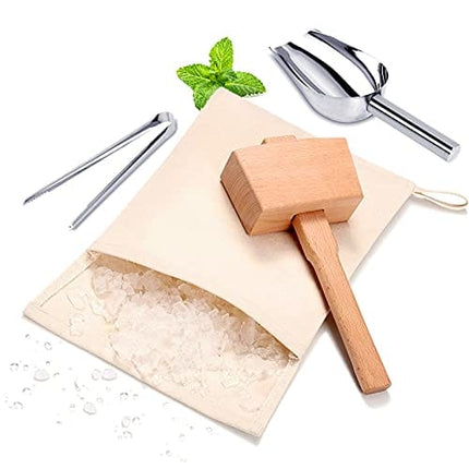 Lewis bag and Wooden Mallet Crusher, Reusable Canvas Crushed Ice Bags,Wooden Mallet Bar, Steel Ice Scoop and Ice Tongs, for Summer Bartender Kit & Bar Tools Kitchen Accessory