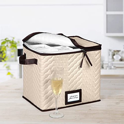 Champagne Flute Storage Box - Organizer Chest Holds 12 Stemware Glasses - Durable Microfiber Container Bin with Dividers and Carry Handles - Protects Flutes, Crystal Glass, Wine Glasses and Fine China