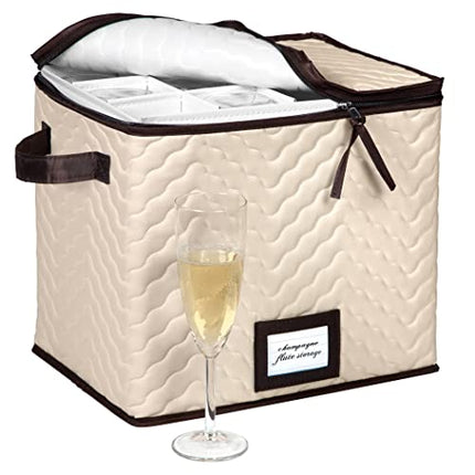 Champagne Flute Storage Box - Organizer Chest Holds 12 Stemware Glasses - Durable Microfiber Container Bin with Dividers and Carry Handles - Protects Flutes, Crystal Glass, Wine Glasses and Fine China