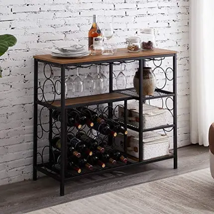 Hombazaar Industrial Wine Rack Table with Glass Holder and Wine Storage, Console Table with Wine Rack, Wine Bar Cabinet for Home Kitchen Dining Room, Brown