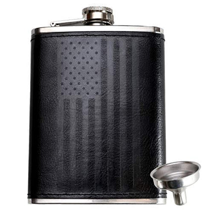 Leather Flask with American Flag by Home Aggressive - 8 Ounce - 18-8 304 Stainless Steel Black Leather Wrap Hip Flask with Funnel for Liquor Whiskey Alcohol Wine or Bourbon - Slim Curved