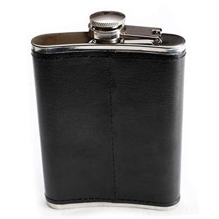 Leather Flask with American Flag by Home Aggressive - 8 Ounce - 18-8 304 Stainless Steel Black Leather Wrap Hip Flask with Funnel for Liquor Whiskey Alcohol Wine or Bourbon - Slim Curved