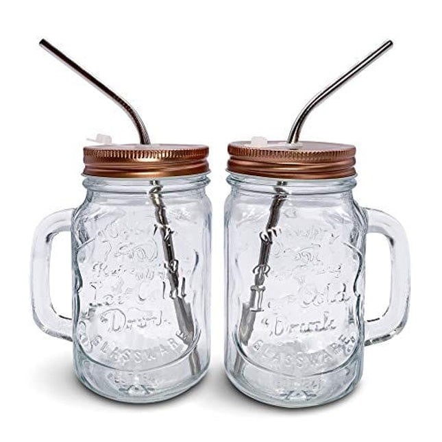 Home Suave - Mason Jar Mugs with Handle, Regular Mouth Colorful Lids with 2 Reusable Stainless Steel Straw, Set of 2 (Rose Gold), Kitchen GLASS 16 oz Jars,"Refreshing Ice Cold Drink" & Dishwasher Safe