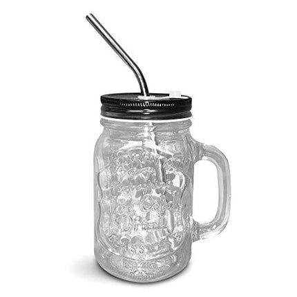 Mason Jar Mugs with Handle, Regular Mouth, Colorful Lids with 2 Reusable Stainless Steel Straw, Set of 2 (Black), Kitchen GLASS 16 oz Jars,"Refreshing Ice Cold Drink" & Dishwasher Safe
