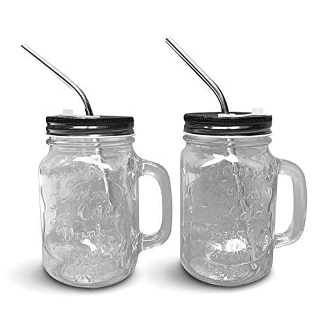 Mason Jar Mugs with Handle, Regular Mouth, Colorful Lids with 2 Reusable Stainless Steel Straw, Set of 2 (Black), Kitchen GLASS 16 oz Jars,"Refreshing Ice Cold Drink" & Dishwasher Safe