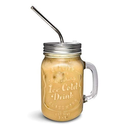 Mason Jar Mugs with Handle, Regular Mouth Colorful Lids with 2 Reusable Stainless Steel Straw, Set of 2 (Silver), Kitchen GLASS 16 oz Jars,"Refreshing Ice Cold Drink" & Dishwasher Safe