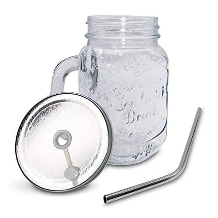 Mason Jar Mugs with Handle, Regular Mouth Colorful Lids with 2 Reusable Stainless Steel Straw, Set of 2 (Silver), Kitchen GLASS 16 oz Jars,"Refreshing Ice Cold Drink" & Dishwasher Safe