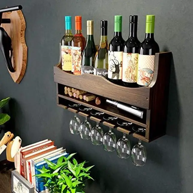 HOMECHO Wall Mounted Wine Rack Bamboo Wine Bottles Holder with Hanging Stemware Glasses Set and Wine Cork Storage, Home Kitchen Decor, Espresso
