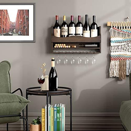 HOMECHO Wall Mounted Wine Rack Bamboo Wine Bottles Holder with Hanging Stemware Glasses Set and Wine Cork Storage, Home Kitchen Decor, Espresso