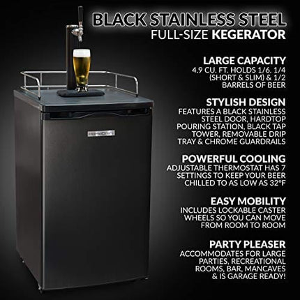 HomeCraft Black Stainless Steel Full-Size Kegerator Draft Beer Dispenser & Beer Cooler, Spring-Loaded Tap Dispenser, Holds 1/6, 1/4, 1/2 Barrels, 2.5-Pound CO2 Tank, Single Meter Regulator