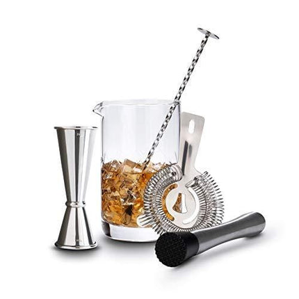 Premium Cocktail Mixing Glass Bar Set: 5 Piece Bartender Kit: 18oz Seamless Lead Free Crystal Mixing Glass with Weighted Thick Bottom, Hawthorne Strainer, Japanese Jigger, Mixing Spoon and Muddler