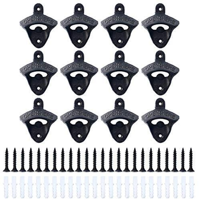 Homend 12pack Cast Iron Wall Mount Bottle Openers, Mounting Hardware Included, Vintage Rustic Bar(Wood Block is not Included)