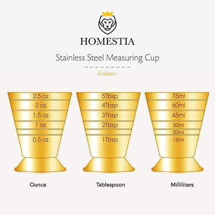 Homestia Measuring Cup Cocktail Jigger Stainless Steel Liquid Mini Espresso Shot Glass Up to 2.5oz, 5Tbsp, 75ml, Gold