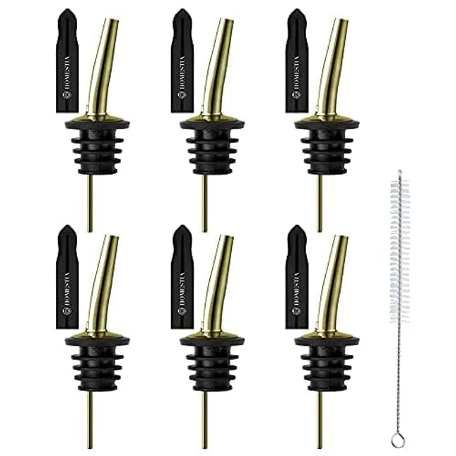 6PCS Liquor Pour Spout Set Stainless Steel Drink Pourer Spouts for Liquor Shot Pourer Spout with Long Dust Caps Dispenser Botter Spout for Wine Vinegar Syrup Bar Accessories by Homestia(Antique Metal)