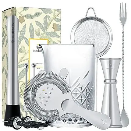 Cocktail Mixing Glass Barware Tool Set includes 24oz Thick Crystal Cocktail Mixer, Hawthorne Strainer, Small Strainer, Double Jigger, Barspoon, Muddler, 2 Pourers, 2 Skewers Gift Set by Homestia