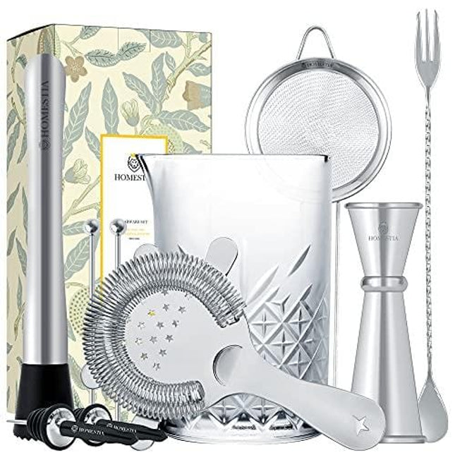 Cocktail Mixing Glass Barware Tool Set includes 24oz Thick Crystal Cocktail Mixer, Hawthorne Strainer, Small Strainer, Double Jigger, Barspoon, Muddler, 2 Pourers, 2 Skewers Gift Set by Homestia