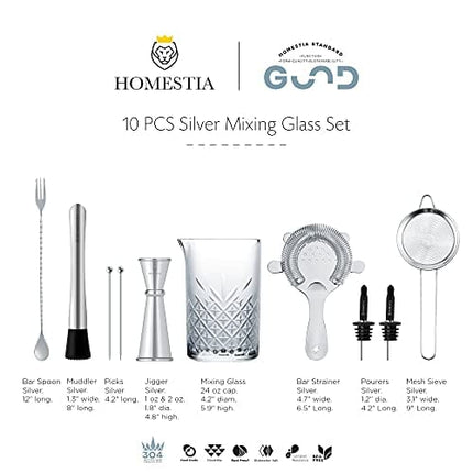 Cocktail Mixing Glass Barware Tool Set includes 24oz Thick Crystal Cocktail Mixer, Hawthorne Strainer, Small Strainer, Double Jigger, Barspoon, Muddler, 2 Pourers, 2 Skewers Gift Set by Homestia