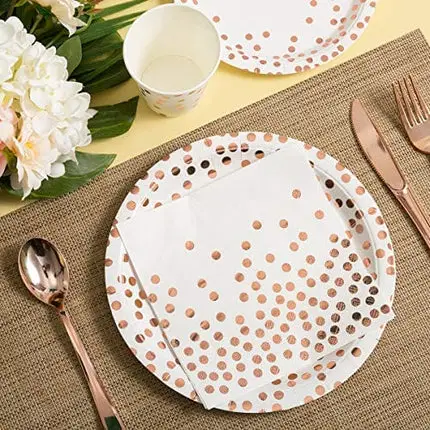 175 Pieces Rose Gold Party Supplies - Rose Gold Dot on White Paper Plates and Napkins Cups Silverware Serves 25 Sets for Wedding Bridal Shower Engagement Birthday Parties