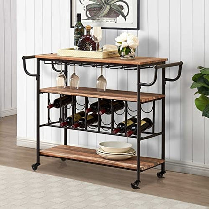 HOMYSHOPY Bar Serving Cart, Industrial Bar Cart with Wine Rack and Glass Holder, 3-Tier Wine Carts Rolling Trolley for Home Bar(Brown)