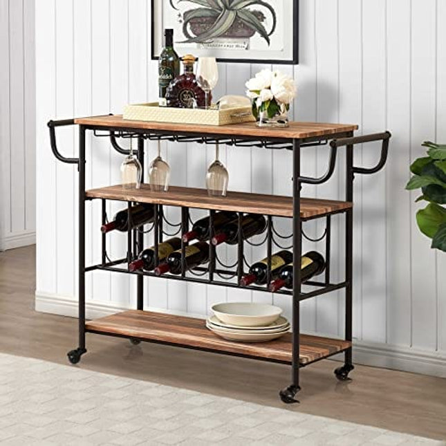 HOMYSHOPY Bar Serving Cart, Industrial Bar Cart with Wine Rack and Glass Holder, 3-Tier Wine Carts Rolling Trolley for Home Bar(Brown)