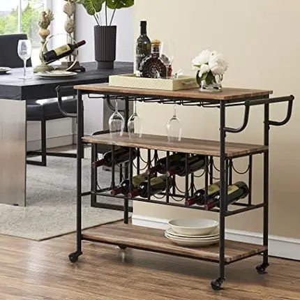 HOMYSHOPY Bar Serving Cart, Industrial Bar Cart with Wine Rack and Glass Holder, 3-Tier Wine Carts Rolling Trolley for Home Bar(Brown)