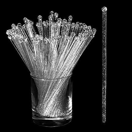 100 Pieces Disposible Plastic Round Top Crystal Swizzle Sticks (Silver)