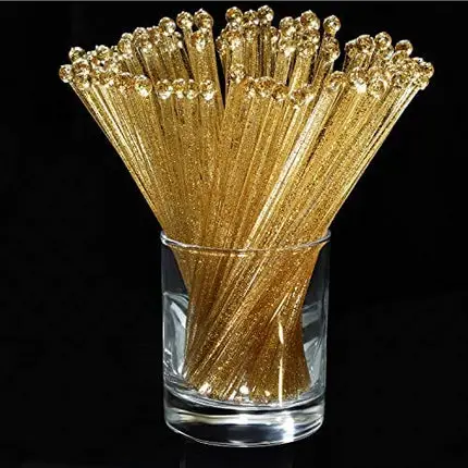 100 Pieces Gold Cake Lolipop Sticks Disposible Plastic Cocktail Coffee Drink Stirrers Glitter Crystal Round Top Swizzle Stir Sticks