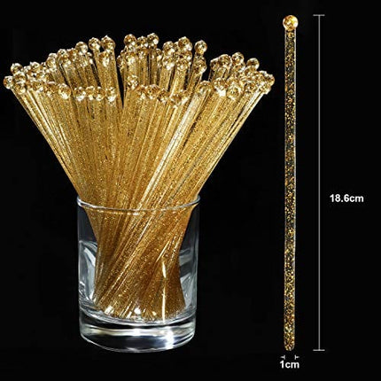 100 Pieces Gold Cake Lolipop Sticks Disposible Plastic Cocktail Coffee Drink Stirrers Glitter Crystal Round Top Swizzle Stir Sticks