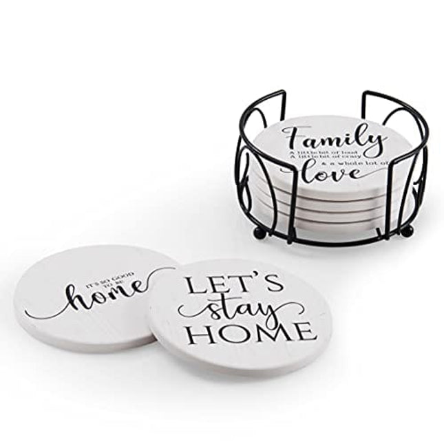 Hoomey Coasters for Drinks, Set of 6 Absorbent Drink Coasters with Holder, Rustic Ceramic Drink Coasters with Cork Backing for Table Protection, Housewarming Gifts, Farmhouse Décor