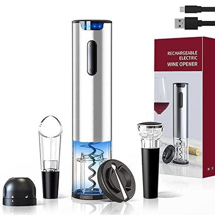 Electric Wine Bottle Opener Set, HOORAY4U , Rechargeable Automatic Corkscrew Opener, Wine Gift Set 5-in-1 Wine Accessories, Foil Cutter, Wine Vacuum Stopper, Champagne Stopper, Wine Pourer, Silver