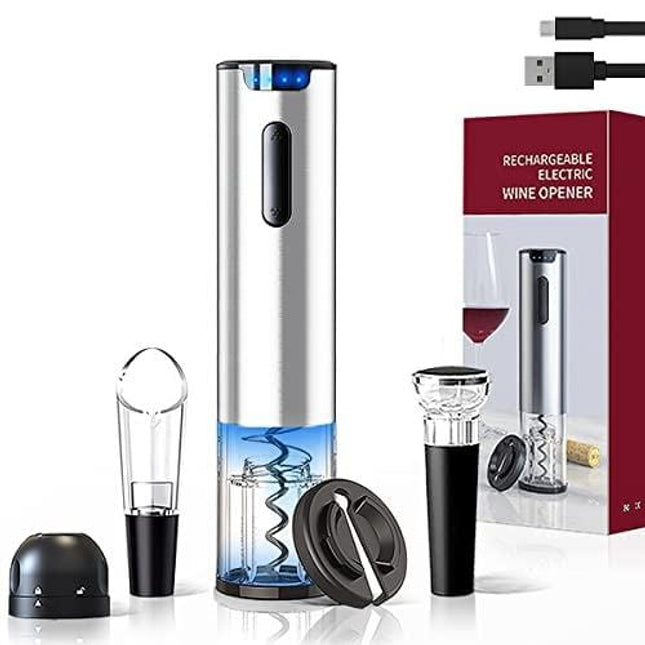 Electric Wine Bottle Opener Set, HOORAY4U , Rechargeable Automatic Corkscrew Opener, Wine Gift Set 5-in-1 Wine Accessories, Foil Cutter, Wine Vacuum Stopper, Champagne Stopper, Wine Pourer, Silver