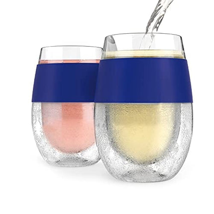 Host Cooling Cup Set of 2 Plastic Double Wall Insulated Freezable Drink Chilling Tumbler with Freezing Gel, Wine Glasses for Red and White Wine, 8.5 oz, Blue