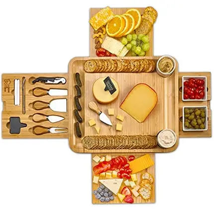 Cheese Board - 2 Ceramic Bowls 2 Serving Plates. Magnetic 4 Drawers Bamboo Charcuterie Cutlery Knife Set, Round Tray, 2 Forks, Wine Opener, Labels, Markers, Gift for Birthdays, Weddings, Housewarming