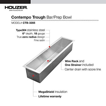 Houzer CTB-3285 Contempo Trough Series Undermount Stainless Steel Bar/Prep Sink