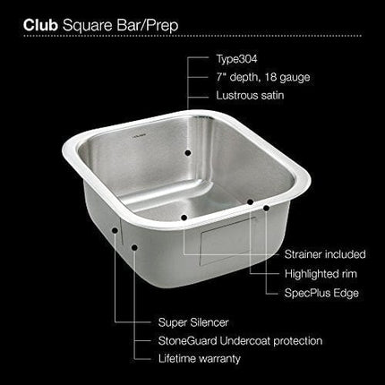 Houzer MS-1708-1 Club Series Undermount Stainless Steel Square Bowl Bar/Prep Sink